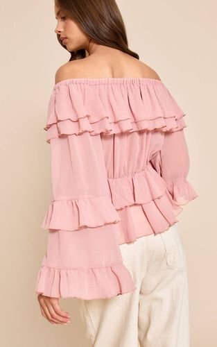 Pale Pink Haut Bardot En Mousseline À Volants Étagés | Taille 36 - PrettyLittleThing - Modalova