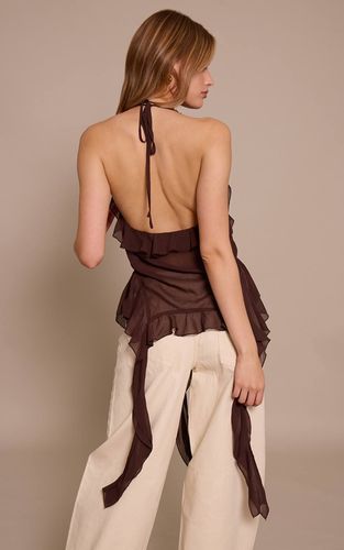 Dark Chocolate Haut Long Imprimé En Mousseline Avec Détails De Volants Drapés | Taille 42 - PrettyLittleThing - Modalova