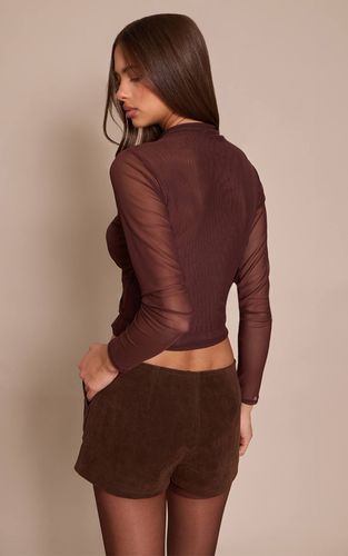 Dark Chocolate Haut À Manches Longues Drapé En Maille Col Montant | Taille 32 - PrettyLittleThing - Modalova