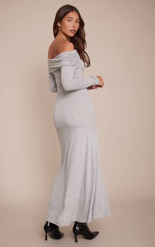 Grey Marl Robe Longue Bardot En Jersey À Col Replié | Taille 42 - PrettyLittleThing - Modalova