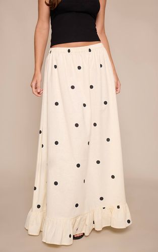 White Polkadot Jupe Longue Évasée À Volants Aspect Lin À Pois Blancs | Taille 34 - PrettyLittleThing - Modalova