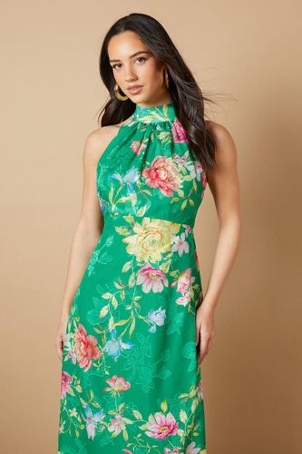 Robe Mi-Longue à Col Halter en Satin Floral Dévoré | Taille 42 - Oasis - Modalova