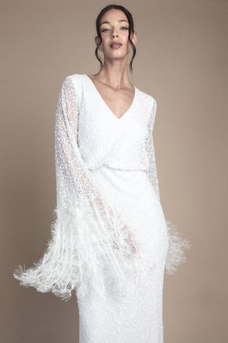 Robe de Mariée Maxi à Manches Longues Ornée de Sequins et Garniture de Plumes | Taille 40 - Coast - Modalova