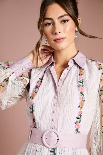 Robe Mi-Longue Ceinturée à Manches Bouffantes en Maille Brodée et Dentelle | Taille 44 - Coast - Modalova