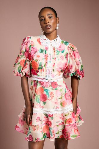 Robe Mini en Organza Imprimé à Col et Bordure en Dentelle | Taille 40 - Coast - Modalova