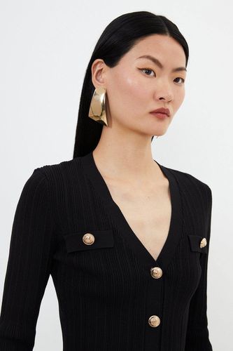Cardigan en mélange de viscose à toucher sec, à côtes et garniture militaire | Taille Medium - KarenMillen - Modalova