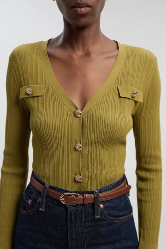 Cardigan en mélange de viscose à toucher sec, à côtes et garniture militaire | Taille Medium - KarenMillen - Modalova