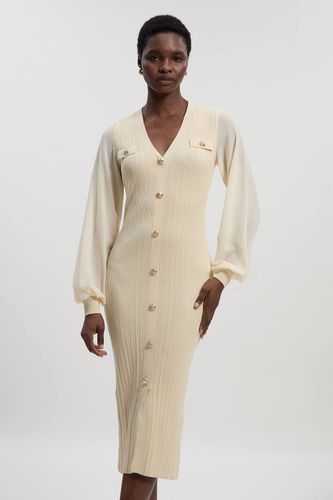 Robe Mi-Longue en Maille Côtelée Mélange Viscose à Manches en Mousseline | Taille Medium - KarenMillen - Modalova