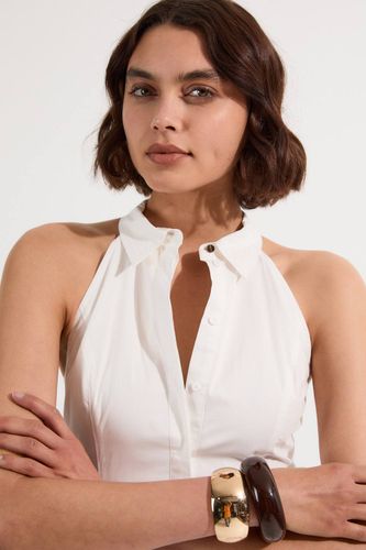 Robe Chemise Midi en Coton à Col et Encolure Halter avec Détail de Taille Basse | Taille 16 - KarenMillen - Modalova
