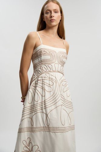 Robe Midi Tissée À Bretelles En Coton Lin Avec Broderie Cornelli | Taille 16 - KarenMillen - Modalova