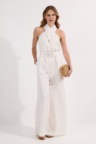 Combinaison tissée à ceinture en lin et viscose, à encolure croisée | Taille 6 - KarenMillen - Modalova