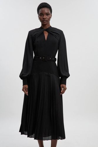 Robe Longue Plissée à Manches Ballon et Détail Ajouré en Mélange Ponte et Georgette | Taille XS - KarenMillen - Modalova