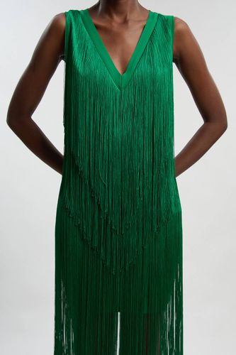 Robe Mi-Longue Tricotée à Col V avec Franges Bandage | Taille 16 - KarenMillen - Modalova