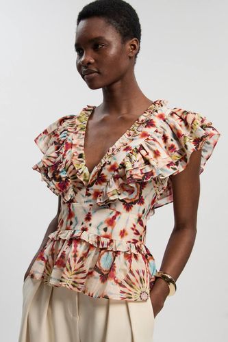 Haut Tissé À Imprimé Carreaux En Soie-coton Avec Détail De Volants | Taille 16 - KarenMillen - Modalova