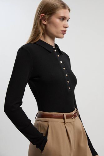 Haut à Boutons Col Chemise en Jersey Côtelé Viscose Manches Longues | Taille Medium - KarenMillen - Modalova