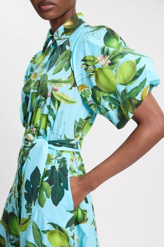 Robe Chemise Midi Tissée En Coton À Imprimé Citron Vert Avec Manches Bouffantes Et Taille Basse | Taille 10 - KarenMillen - Modalova