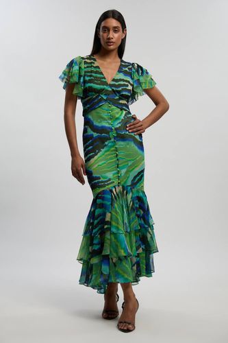 Robe Longue Boutonnée À Manches Volantées Imprimé Animal | Taille 6 - KarenMillen - Modalova