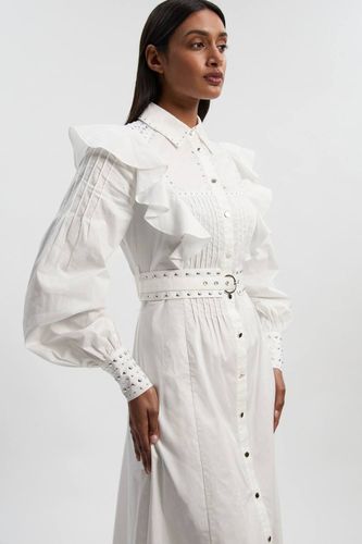 Robe Chemise Maxi En Satin De Coton Tissé À Clous Avec Manches Dramatiques | Taille 14 - KarenMillen - Modalova