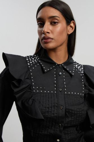 Chemise Maxi En Satin De Coton Tissé À Clous Avec Manches Dramatiques | Taille 16 - KarenMillen - Modalova