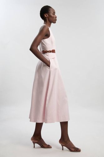 Robe Midi Évasée en Lin Tailleur avec Détail Patte à la Taille | Taille 16 - KarenMillen - Modalova