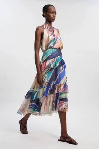 Robe Longue Tissée à Col Licou en Mousseline Froissée Imprimé Marbre | Taille 12 - KarenMillen - Modalova