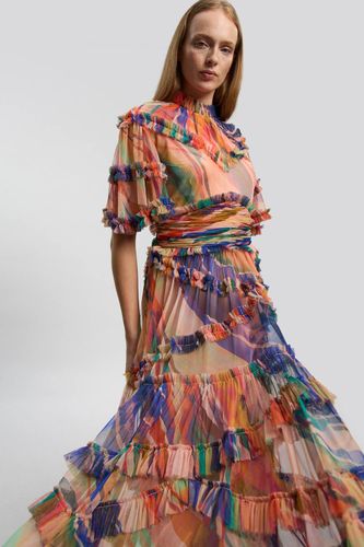 Robe Longue Tissée À Imprimé Marbré Avec Détails De Volants En Tulle | Taille 8 - KarenMillen - Modalova