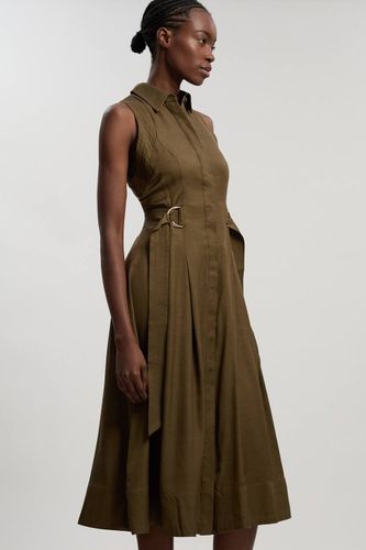 Robe Midi Tissée Premium En Viscose Lin À Col Licou Avec Surpiqûres Et Détail Anneau En D | Taille 16 - KarenMillen - Modalova