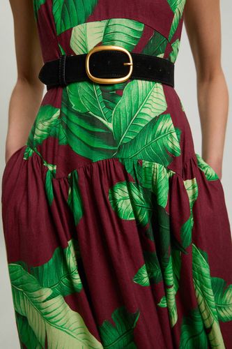 Robe Midi Tissée À Taille Basse Avec Ceinture En Viscose Lin Motif Palmiers | Taille 18 - KarenMillen - Modalova