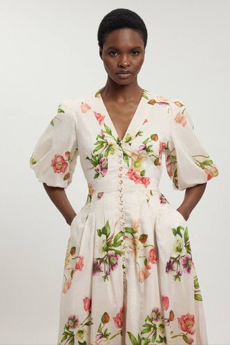 Robe Midi À Fleurs En Coton Et Soie Avec Manches Bouffantes | Taille 18 - KarenMillen - Modalova
