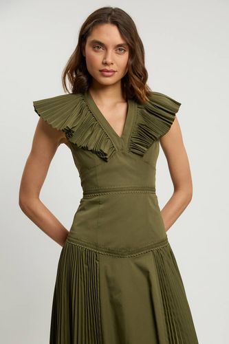 Robe Midi Tissée En Popeline De Coton Avec Détails Plissés | Taille 16 - KarenMillen - Modalova