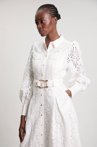 Robe Chemise Midi En Coton Tissé Avec Broderie Ajourée | Taille 18 - KarenMillen - Modalova