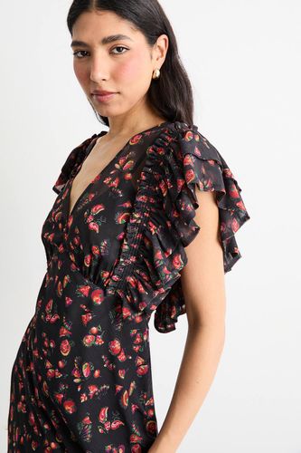 Robe Maxi À Col En V Avec Manches À Volants Et Imprimé Floral | Taille 46 - Warehouse - Modalova