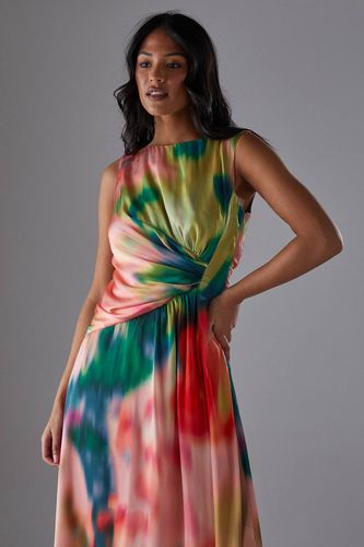 Robe Midi Imprimée En Satin Sans Manches Avec Nœud Devant Et Ourlet Asymétrique | Taille 36 - Warehouse - Modalova