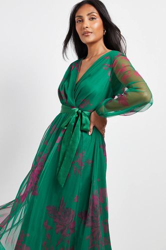 Robe Midi Petite en Mesh Floral avec Ceinture en Satin | Taille 36 - Wallis - Modalova