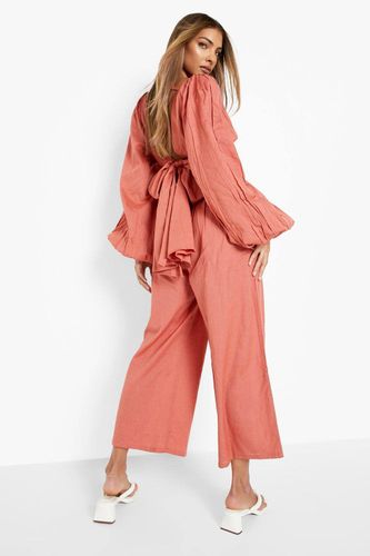 Linen Look Crop à manches ballon et pantalon large | Taille 42 - boohoo - Modalova