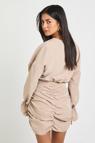 Robe-chemise portefeuille en coton à effet froncé | Taille 44 - boohoo - Modalova