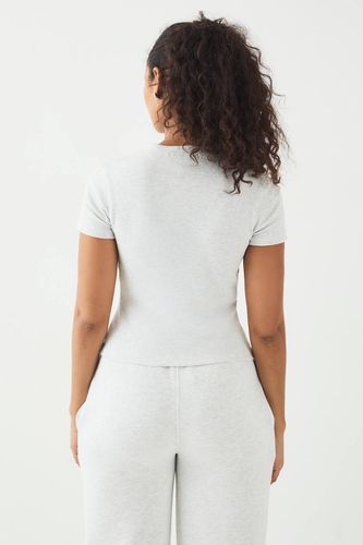 Haut Court à Manches Courtes Côtelé avec Boutonnage et Broderie Script | Taille 2XL - DSGN Studio - Modalova