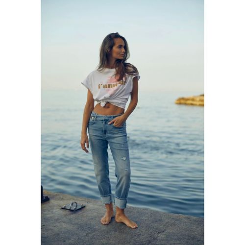 Jeans Jeans 400/17 mom basic taille haute 7/8ème destroy bleu - Le Temps des Cerises - Modalova