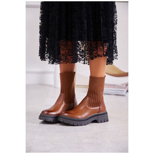 Bottines Boots Chelsea camel plateforme, tige façon chaussette - Vera Collection - Modalova