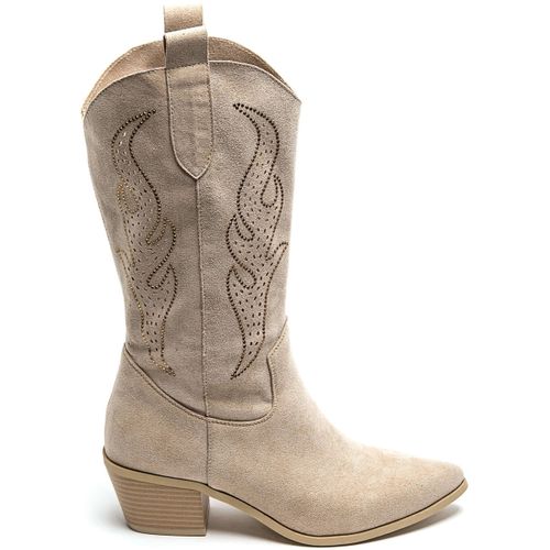 Bottines Boots Santiags suédine strass style Cowboy, Beige - Vera Collection - Modalova