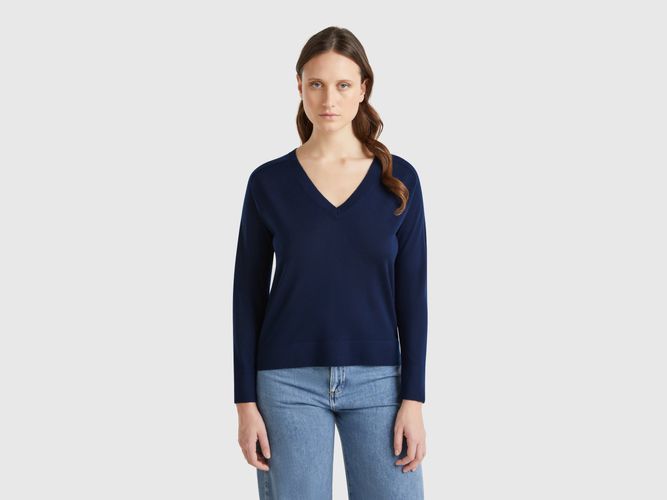 Benetton, Pull Col V En Pure Laine Mérinos, taille L, Bleu Foncé - United Colors of Benetton - Modalova