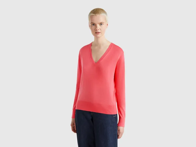 Benetton, Pull Col V En Soie Mélangée, taille L, Rose - United Colors of Benetton - Modalova