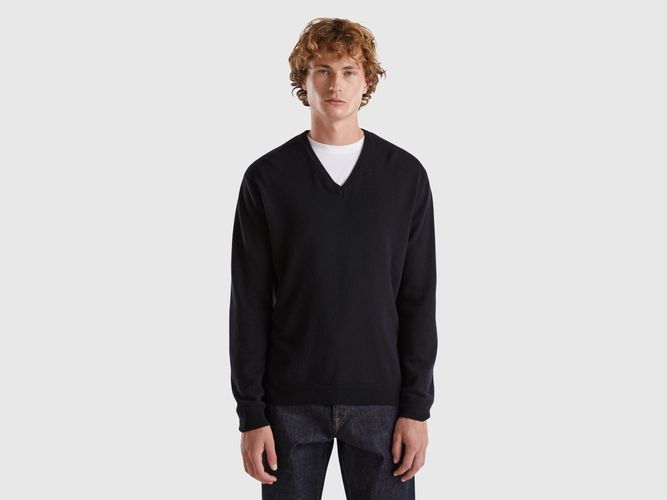 Benetton, Pull Noir À Col En V En Pure Laine Mérinos, taille L, Noir - United Colors of Benetton - Modalova
