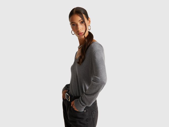 Benetton, Pull Col V En Mélange De Soie, taille L, Gris Foncé - United Colors of Benetton - Modalova