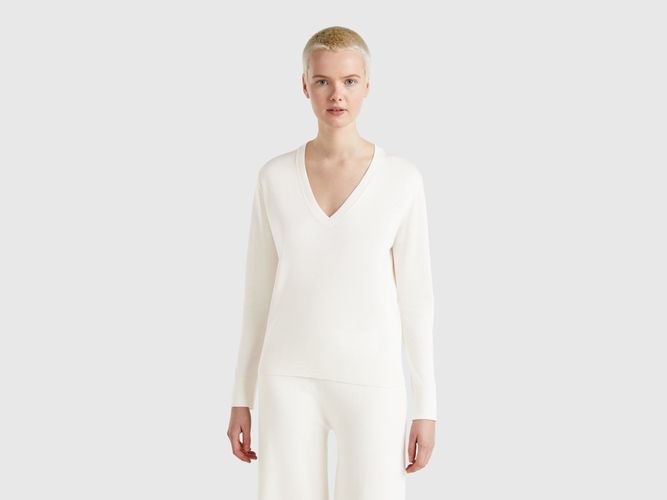 Benetton, Pull Col V En Soie Mélangée, taille L, Crème - United Colors of Benetton - Modalova