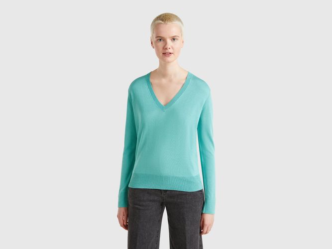 Benetton, Pull Col V En Soie Mélangée, taille L, Bleu Vert - United Colors of Benetton - Modalova