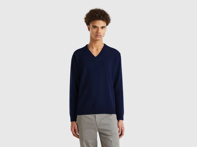 Benetton, Pull Bleu Nuit À Col En V En Pure Laine Mérinos, taille XXL, Bleu Foncé - United Colors of Benetton - Modalova