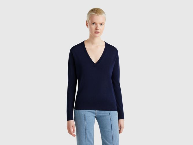 Benetton, Pull Col V En Soie Mélangée, taille L, Bleu Foncé - United Colors of Benetton - Modalova