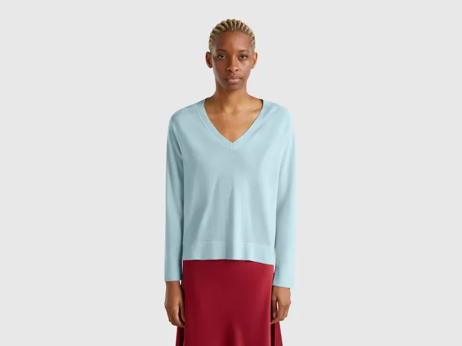 Benetton, Pull Col V En Pure Laine Mérinos, taille L, Bleu Vert - United Colors of Benetton - Modalova
