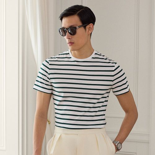 T-shirt rayé à col rond en fil d'Écosse - Purple Label - Modalova
